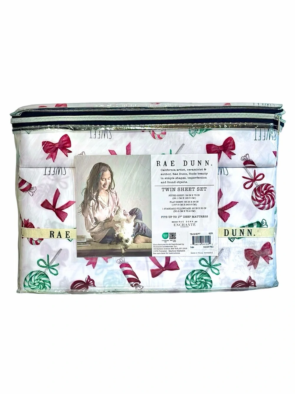 Rae Dunn by Enchante HOLIDAY RED 3-Piece Twin Sheet Set Red Green & White NWT